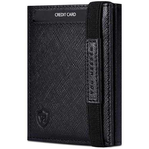 VON HEESEN Slim Wallet mit Münzfach & RFID Schutz - Leder Geldbörse Herren klein - Mini Geldbeutel Damen Portmonee - Kartenetui Echtleder Karten Portemonnaie - Kreditkartenetui Saffiano Schwarz von VON HEESEN