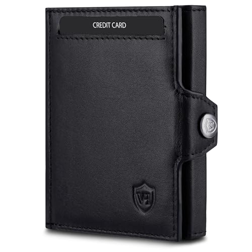 VON HEESEN Slim Wallet mit Münzfach & RFID-Schutz - Mini Geldbörse Herren & Damen - Kartenetui Geldklammer Kreditkartenetui - Portmonee Geldbeutel Portemonnaie klein (Schwarz Glatt) von VON HEESEN