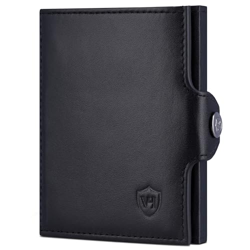 VON HEESEN Slim Wallet mit Münzfach & RFID-Schutz - Mini Geldbörse Herren & Damen - Kartenetui Kreditkartenetui - Portmonee Geldbeutel Portemonnaie klein (Schwarz Glatt) von VON HEESEN