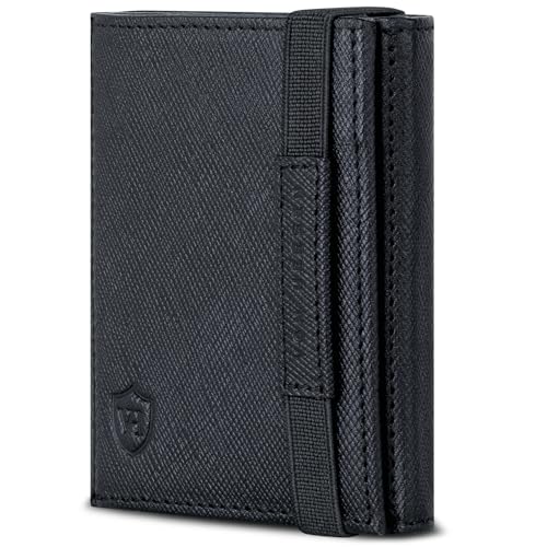 VON HEESEN Slim Wallet mit Münzfach & RFID-Schutz - Mini Geldbörse Herren & Damen - Kartenetui Kreditkartenetui - Portmonee Geldbeutel Portemonnaie klein Schwarz Saffiano von VON HEESEN