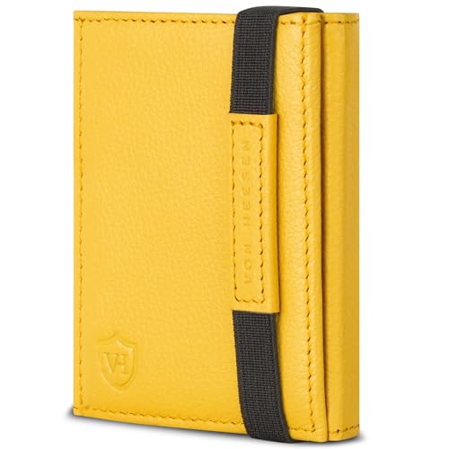 VON HEESEN Slim Wallet mit RFID Schutz - Geldbörse Herren klein - Mini Geldbeutel Damen Portmonee - Kartenetui Echtleder Karten Portemonnaie - Leder Kreditkartenetui Gelb von VON HEESEN