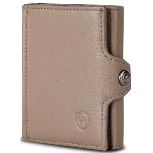 VON HEESEN Slim Wallet mit RFID Schutz - Geldbörse Herren klein - Mini Geldbeutel Damen Portmonee - Kartenetui Echtleder Karten Portemonnaie - Leder Kreditkartenetui Taupe von VON HEESEN