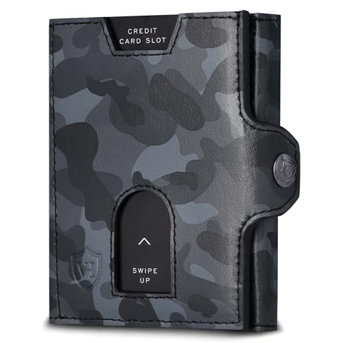 VON HEESEN Slim Wallet mit XL Münzfach & RFID Schutz - Leder Geldbörse Herren klein - Mini Geldbeutel Damen Portmonee - Kartenetui Echtleder Karten Portemonnaie - Kreditkartenetui Camouflage Grau von VON HEESEN