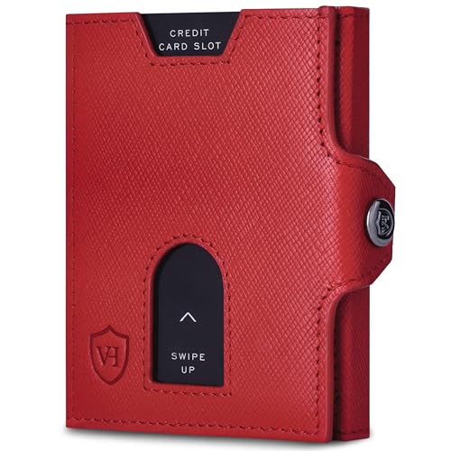 VON HEESEN Slim Wallet mit XL Münzfach & RFID Schutz - Leder Geldbörse Herren klein - Mini Geldbeutel Damen Portmonee - Kartenetui Echtleder Karten Portemonnaie - Kreditkartenetui Rot Saffiano von VON HEESEN