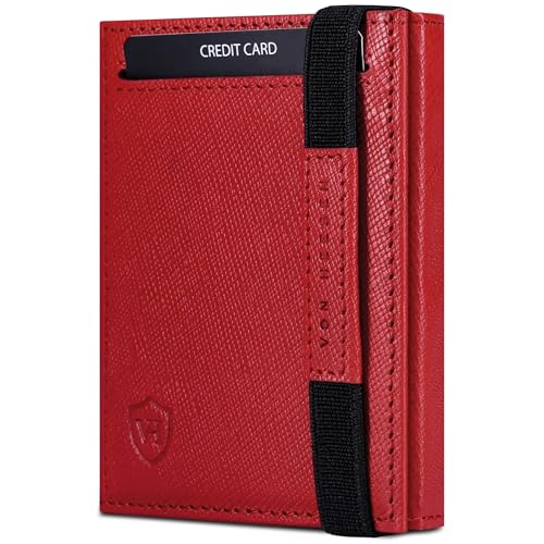 VON HEESEN Slim Wallet mit XL Münzfach & RFID Schutz - Leder Geldbörse Herren klein - Mini Geldbeutel Damen Portmonee - Kartenetui Echtleder Karten Portemonnaie - Kreditkartenetui Saffiano Rot von VON HEESEN