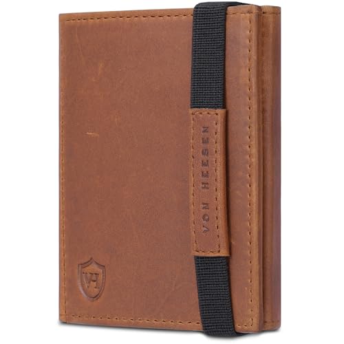 VON HEESEN Slim Wallet mit XL Münzfach & RFID-Schutz - Mini Geldbörse Herren & Damen - Kartenetui Kreditkartenetui - Portmonee Geldbeutel Portemonnaie klein (Cognac Waxy) von VON HEESEN