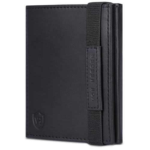VON HEESEN Slim Wallet mit XL Münzfach & RFID-Schutz - Mini Geldbörse Herren & Damen - Kartenetui Kreditkartenetui - Portmonee Geldbeutel Portemonnaie klein (Schwarz Waxy) von VON HEESEN