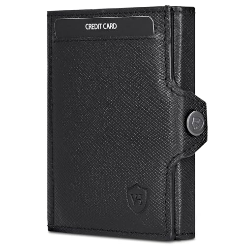 VON HEESEN Slim Wallet mit XXL Münzfach & RFID-Schutz - Leder Geldbeutel - Mini Geldbörse für Herren und Damen - Kartenetui Echtleder Karten Portemonnaie klein - Kreditkartenetui Saffiano Schwarz von VON HEESEN