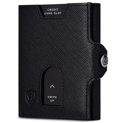 VON HEESEN Slim Wallet mit XXL Münzfach & RFID-Schutz - Leder Geldbeutel - Mini Geldbörse für Herren und Damen - Kartenetui Echtleder Karten Portemonnaie klein - Kreditkartenetui Schwarz Saffiano von VON HEESEN
