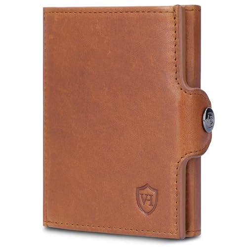 VON HEESEN Slim Wallet mit XXL Münzfach & RFID-Schutz - Mini Geldbörse Herren & Damen - Kartenetui Kreditkartenetui - Portmonee Geldbeutel Portemonnaie klein (Cognac Waxy) von VON HEESEN