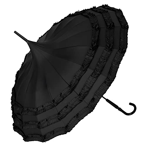 VON LILIENFELD Regenschirm Hochzeitsschirm Sonnenschirm Stabil Stockschirm Pagode Rüschen Sarah schwarz von VON LILIENFELD