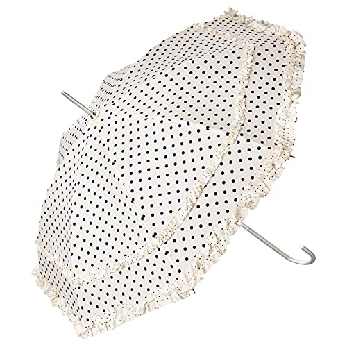VON LILIENFELD Regenschirm Sonnenschirm Brautschirm Hochzeitsschirm Mary-Poppins-Schirm Auf-Automatik Mary mit Rüschen Polkadots creme mit blauen Punkten von VON LILIENFELD