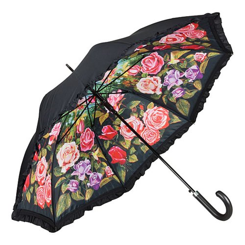 VON LILIENFELD Regenschirm mit Rüsche | Rosen Garten | Doppelte Bespannung - Außen Schwarz - Innen Bedruckt | Auf-Automatik | Windfest | Sehr Stabil | Motiv | Blumen | Damen | Herren von VON LILIENFELD