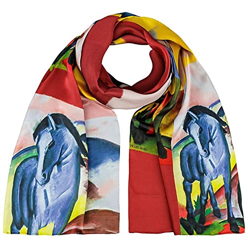 VON LILIENFELD Schal Damen 100% Seide Franz Marc: Blaues Pferd Kunst Motiv Halstuch Seidenschal Seidentuch Kanten handgerollt 172 x 42 cm von VON LILIENFELD