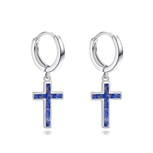 925 Sterling Silber Creolen Silber Kreuz Ohrringe Lapislazuli Schmuck für Frauen Mädchen Männer Junge Frauen Teenager Mädchen Kind Damen Herren von VONALA