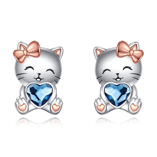 925 Sterling Silber Katze Mädchen Ohrringe Niedliches Tier Ohrstecker Türkis Schmuck für Damen Mädchen (Katze-Blauer Kristall) von VONALA