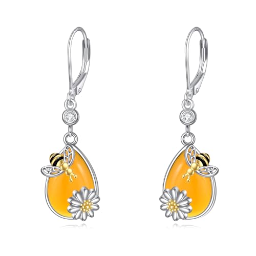 Biene Leverback Ohrringe Bernstein Teardrop Sterling Silber Dangle Drop Ohrringe Bumble Bee Flower Schmuck Geschenke für Frauen Mädchen von VONALA