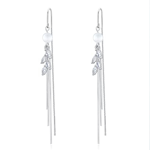 Blatt-Einfädler-Ohrringe 925er-Sterlingsilber: Ketten-Ohrringe mit Quaste und baumelnden Tropfen - Perfekt für Frauen und Mädchen von VONALA