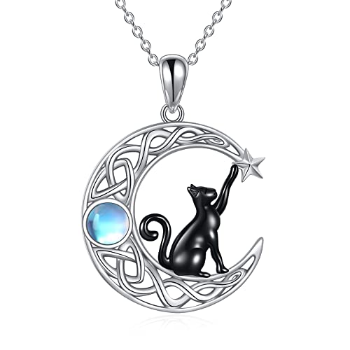 VONALA Katze Kette 925 Sterling Silber Keltischer Mond Anhänger Mondsteinschmuck Geschenke für Damen Mädchen von VONALA