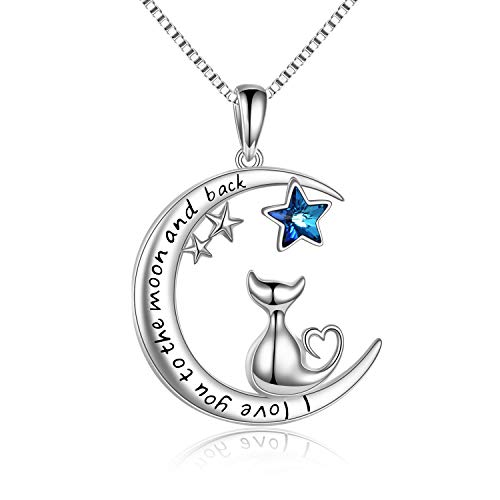 VONALA Damen Katze Kette, 925 Sterling Silber Mond Anhänger Halskette mit Kristallblau Schmuck Geschenke für Frauen Mädchen von VONALA