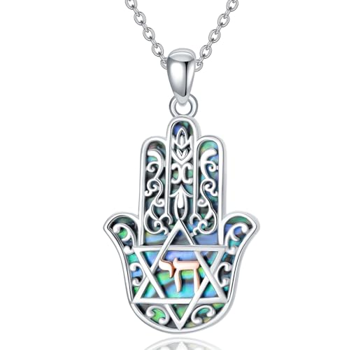 Hamsa Hand Halskette 925 Sterling Silber Abalone Schale Hebräisch Chai Anhänger Halsketten jüdische Schmuck Geschenke für Damen Ladies Männer von VONALA