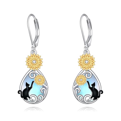 Mondstein Schwarze Katzen Ohrringe mit Klapphebel 925er Sterling Silber Sonnenblumen Blume Filigrane Ohrhänger Tropfen Schmuck Geburtstag Sgeschenke für Frauen (Sonnenblume Schwarze Katze) von VONALA