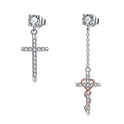 Kreuz Ohrringe mit Zirkonia Unregelmäßig Asymmetrisch Silber 925 Kreuz Anhänger hängend Tropfen Baumeln Ohrstecker Ohrringe Stecker Religiöser Christlicher Schmuck Geschenke für Damen und Herren von VONALA