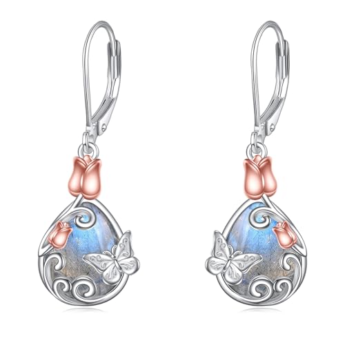 Labradorit Schmetterling Ohrringe mit Klapphebel 925er Sterling Silber Rosen Blume Filigrane Ohrhänger Tropfen Schmuck Geburtstag Sgeschenke für Frauen (Labradorit Schmetterling) von VONALA
