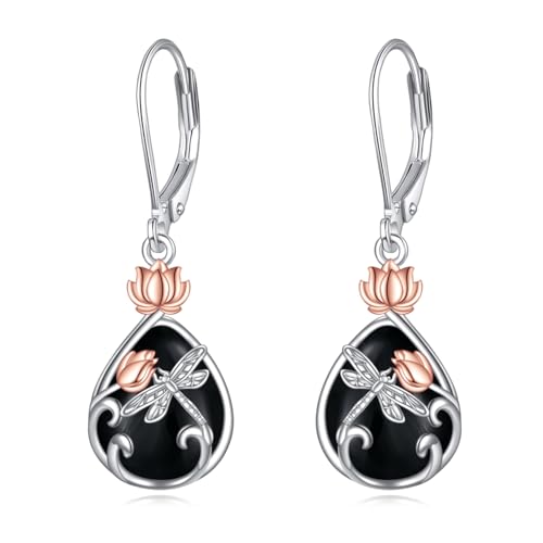 Schwarze Onyx Libellen Ohrringe mit Klapphebel 925er Sterling Silber Lotus Blume Filigrane Ohrhänger Tropfen Schmuck Geburtstag Sgeschenke für Frauen (Schwarze Onyx Libelle) von VONALA