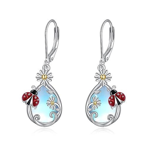 Mondstein Ohrringe 925 Sterling Silber Schmetterling/Libelle/Biene Blume Leverback Baumeln Tropfen Ohrringe Schmuck Geburtstag Geschenke für Damen Mädchen ﻿ (Marienkäfer) von VONALA