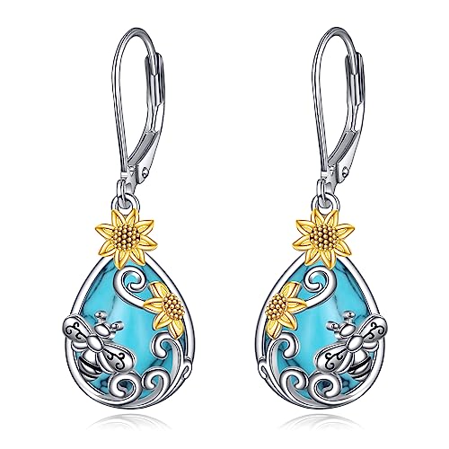 Mondstein Ohrringe 925 Sterling Silber Schmetterling/Libelle/Biene Blume Leverback Baumeln Tropfen Ohrringe Schmuck Geburtstag Geschenke für Damen Mädchen ﻿ (Türkis Biene) von VONALA