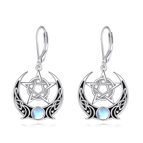 Pentagramm Mondstein Ohrringe Sterling Silber Pentagramm keltischen dreifachen Mond Göttin Leverback baumeln Tropfen Ohrringe Amulett Schmuck für Frauen Mädchen von VONALA