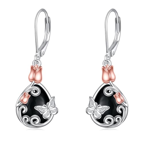 Schwarze Onyx Schmetterling Ohrringe mit Klapphebel 925er Sterling Silber Rosen Blume Filigrane Ohrhänger Tropfen Schmuck Geburtstag Sgeschenke für Frauen(Schwarzer Onyx Schmetterling) von VONALA