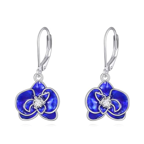 TIGER RIDER Orchidee Ohrringe 925 Sterling Silber blau-lila Blume Leverback Ohrringe weiß Zirkon Schmuck Geschenk für Frauen von VONALA