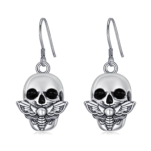 Totenkopf Ohrringe 925 Sterling Silber Gothic Skelett Ohrringe Tod Motte Tropfen Ohrringe Punk Goth Halloween Schmuck Geschenke für Damen Frauen Männer von VONALA