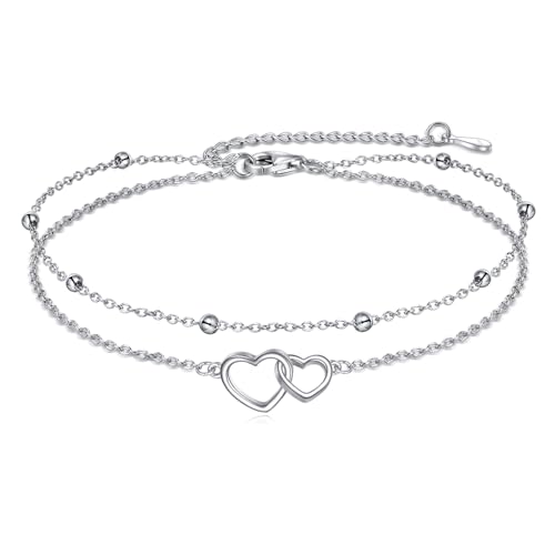 VONALA 925 Sterling Silber Herz Fußkettchen Doppelkette Schmuck für Frauen Mädchen (Double Heart) von VONALA