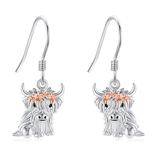 VONALA Highland Cow Ohrringe für Frauen 925 Sterling Silber Bauernhof Tier Haken-Ohrringe, süßer Kuh-Schmuck als Geschenk für Mädchen, Tochter & Kuhliebhaber von VONALA