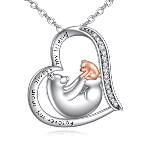 VONALA Bär Halskette S925 Sterling Silber Tier Mama und Kind Halskette für Frauen Herz Anhänger Halskette Tierschmuck Geschenke für Mädchen von VONALA