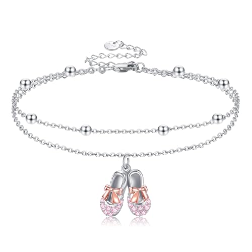 VONALA Ballett Schuhe Fußkettchen für Damen 925 Sterling Silber Double Layered Chain CZ Fußkettchen Tanz Schmuck Geschenke für Damen Mädchen von VONALA