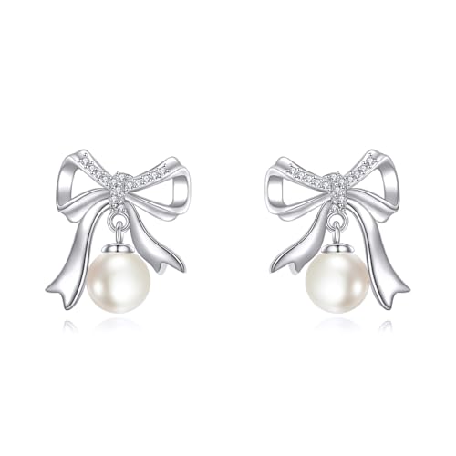 VONALA Bow Pearl Ohrringe Sterling Silber Bow Stud für Frauen Friswater Pearl Ohrringe Schmuck von VONALA
