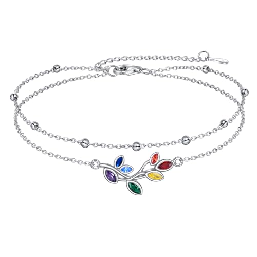 VONALA Chakra Leaf Fußkettchen für Damen 925 Sterling Silber Double Layered Chain CZ Fußkettchen Blatt Schmuck Geschenke für Damen Mädchen 23-28cm von VONALA