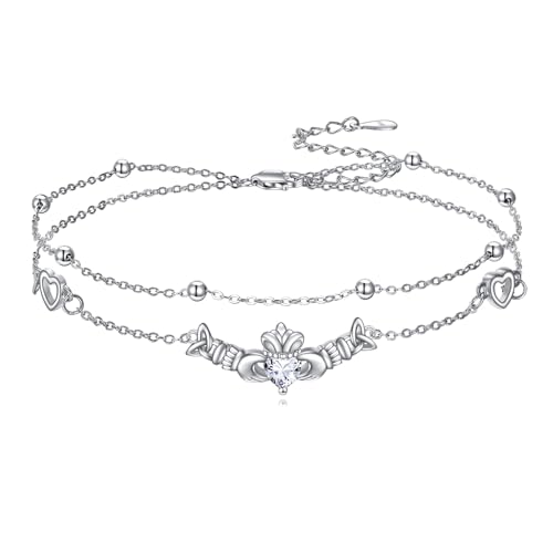 VONALA Claddagh Fußkettchen 925 Sterling Silber Keltischer Knoten Verstellbarer Fuß Layered Link Beach Knöchelarmband Irischer Schmuck Geschenk für Frauen von VONALA
