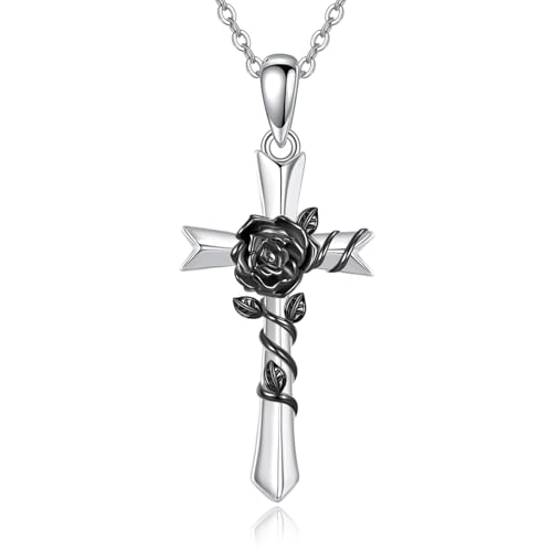 VONALA Kreuz Halskette für Damen 925 Sterling Silber Schwarzer Rosen Anhänger für Mutter und Ehefrau Christlicher Schmuck Geburtstag Sgeschenke(Schwarze Rose) von VONALA
