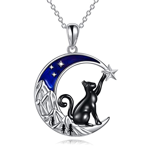 VONALA Damen Katze Kette 925 Sterling Silber Blauer Mond Berg Schmuck Geschenke für Damen Mädchen von VONALA