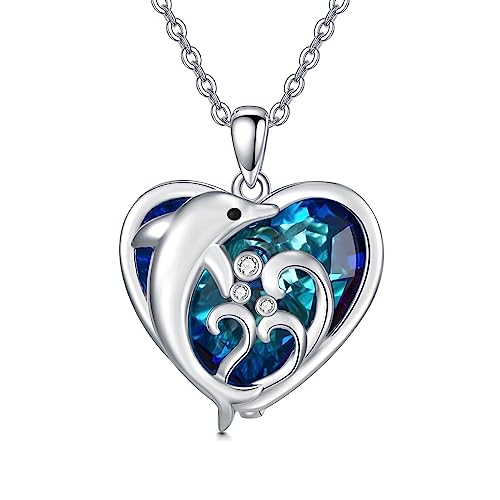 VONALA Delphin Halskette Damen Silber 925, Herz Blau Kristall Anhänger Ketten Delphin Schmuck für Freundin Frau Mutter Tochter von VONALA