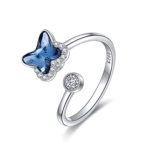 VONALA Drehbarer Bandring für Frauen 925 Sterling Silber Kristall Schmetterling Angst Spinner Ring Sorgen Band Ring Fidget Ring Einstellbare Ringe für Mädchen von VONALA