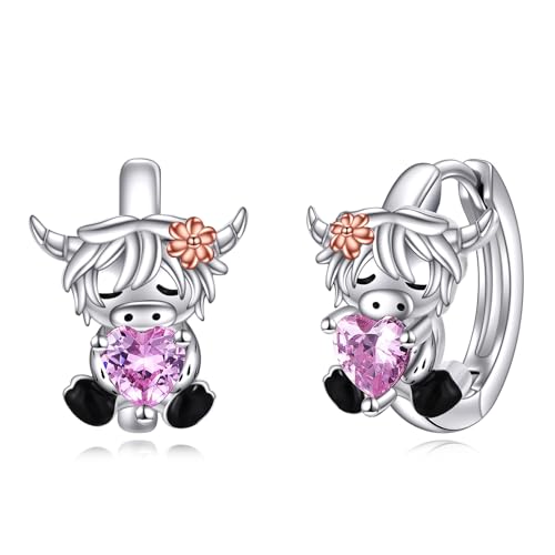 VONALA Hochlandkuh Creolen Ohrringe 925 Sterling Silber Highland Kuh Schmuck mit Rosa Zirkonia für Damen Mädchen Kinder (Hochlandkuh) von VONALA