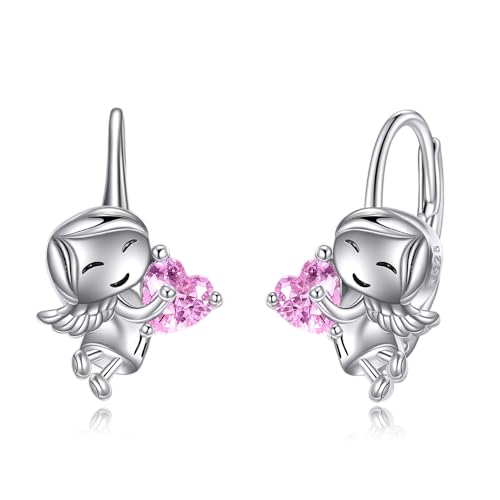 VONALA Engel Mädchen Creolen Ohrringe, 925 Sterling Silber Kommunion Geschenk Schmuck mit Rosa Zirkonia für Damen Mädchen Kinder (Engelsmädchen) von VONALA