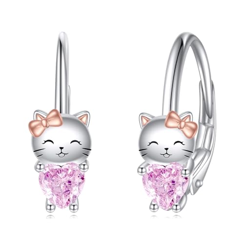 VONALA Einhorn Mädchen Creolen Ohrringe, 925 Sterling Silber Geschenk Schmuck mit Rosa Zirkonia für Damen Mädchen Kinder (Katze) von VONALA