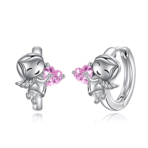 VONALA Engel Mädchen Creolen Ohrringe, 925 Sterling Silber Taufe Kommunion Geschenk Schmuck mit Rosa Zirkonia für Damen Mädchen Kinder von VONALA